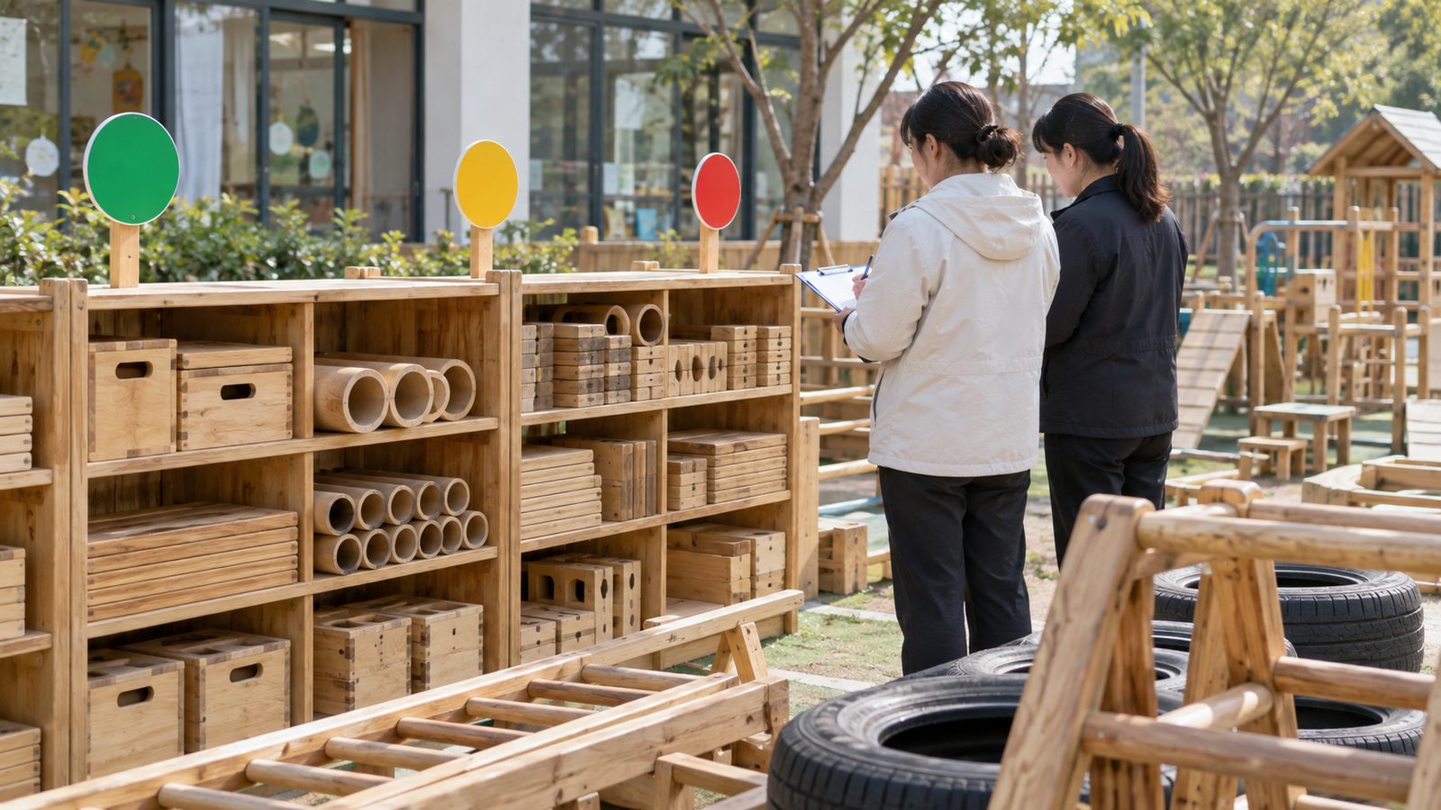 幼儿园户外安吉游戏材料架旁展示可用、待查和停用三种状态