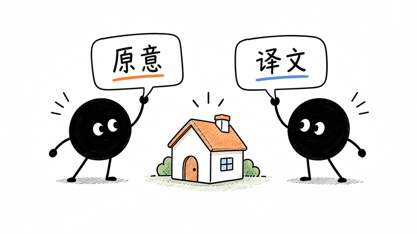 两个小黑分别举中文和英文气泡,把同一个小屋模型放在两个气泡中间作为共同对象