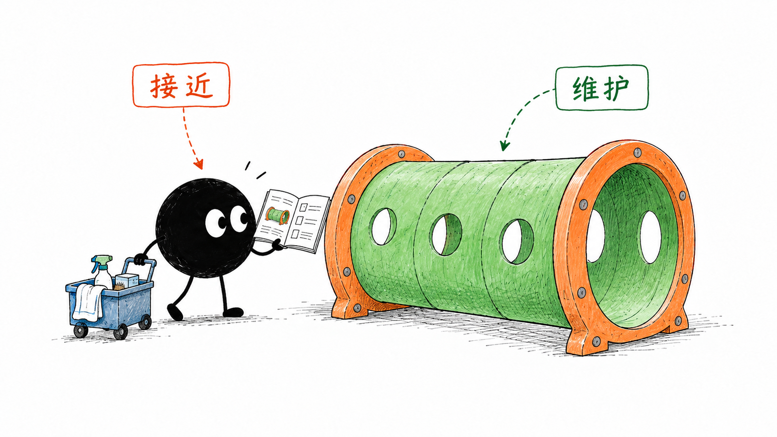 小黑推着小清理车沿隧道外侧到端口,另一只手翻开对应的维护书