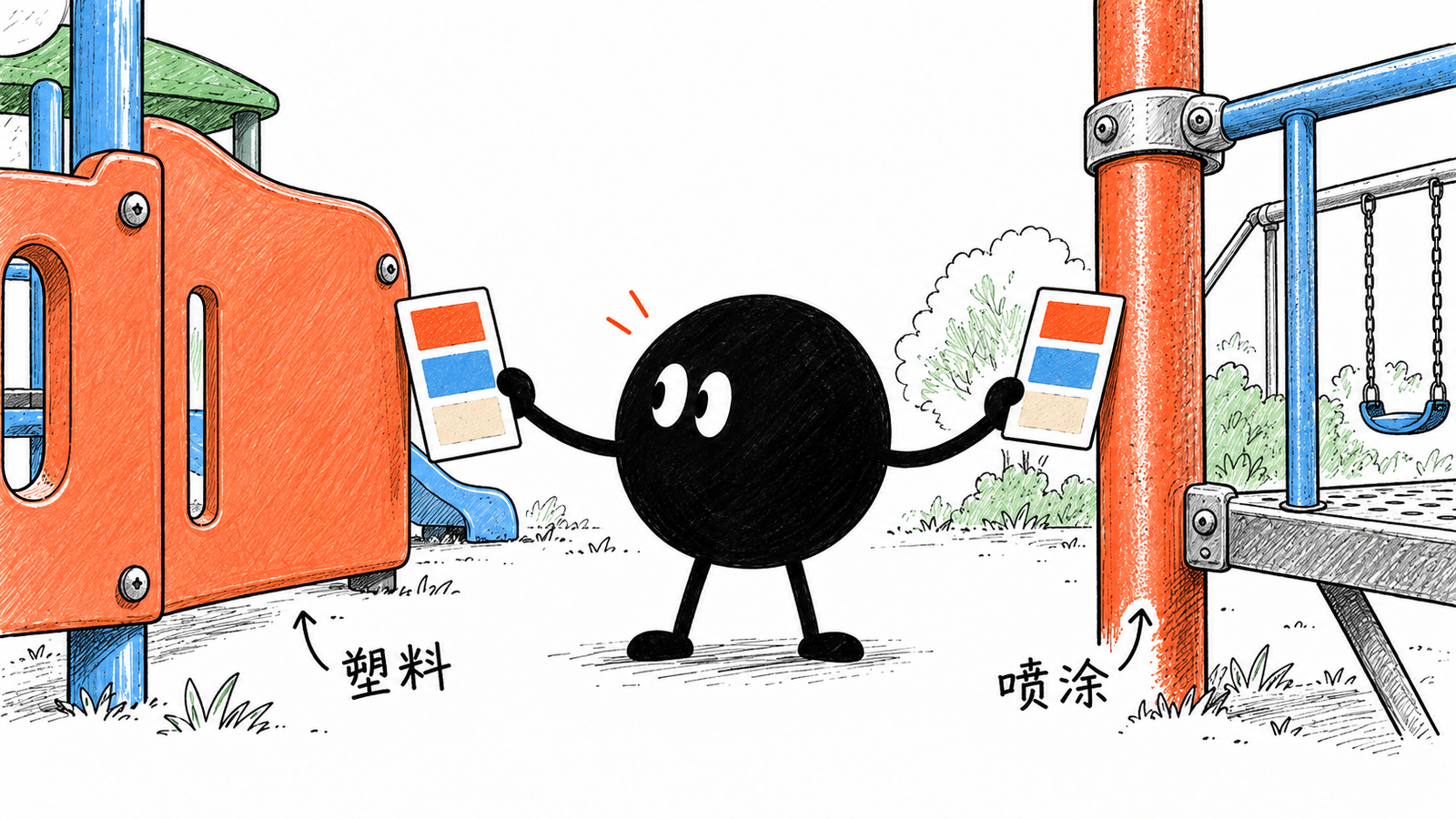 小黑把一张色号卡分送到塑料板和喷涂金属两个具体物件前,逐一比对