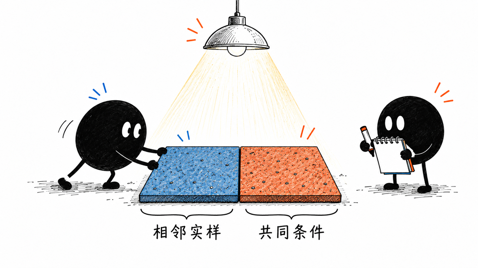 小黑推着两块相邻板件站到同一束光下,另一个小黑拿记录本观察
