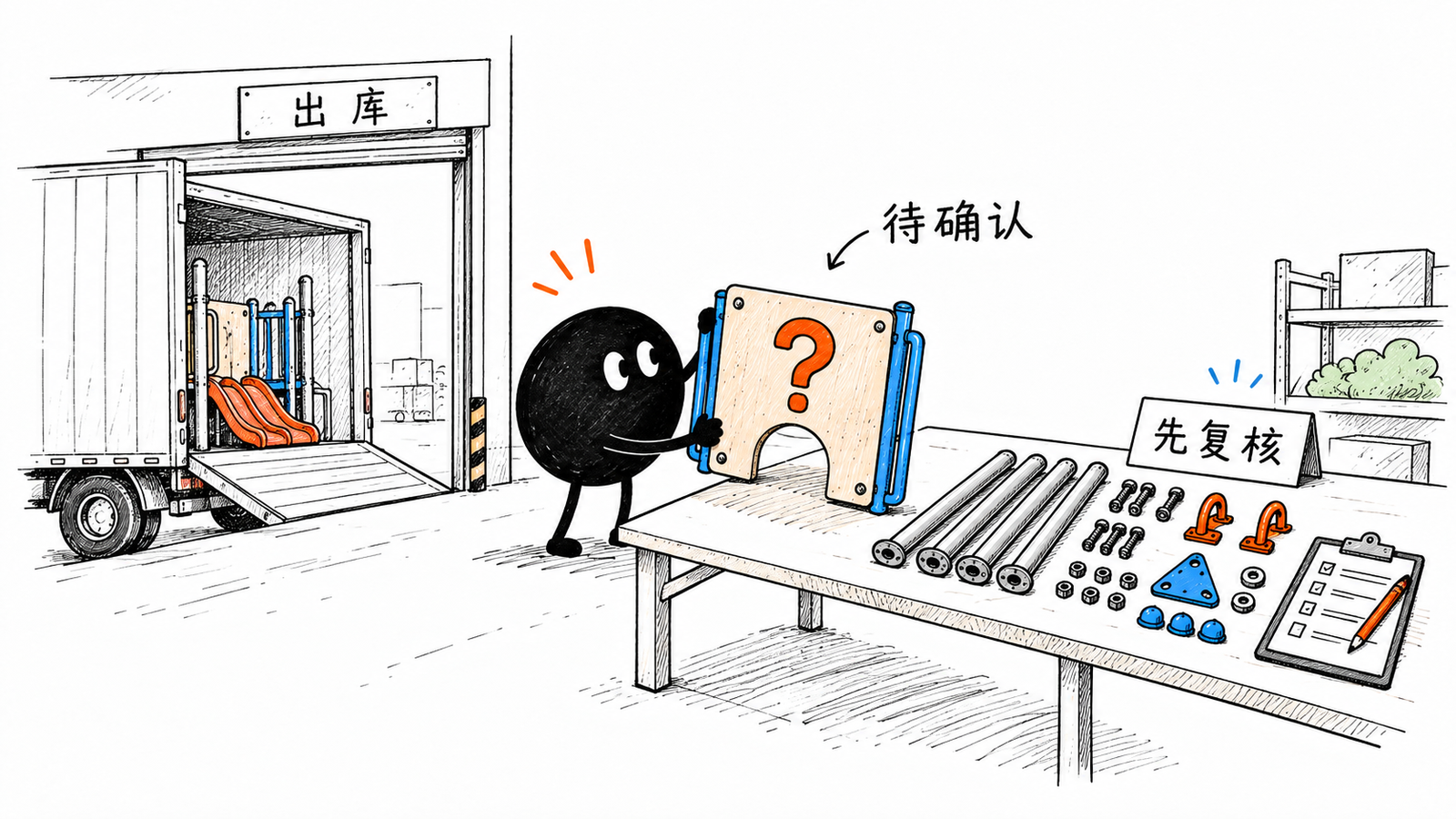 小黑在出库门口拦下带问号的部件,先放到复核台