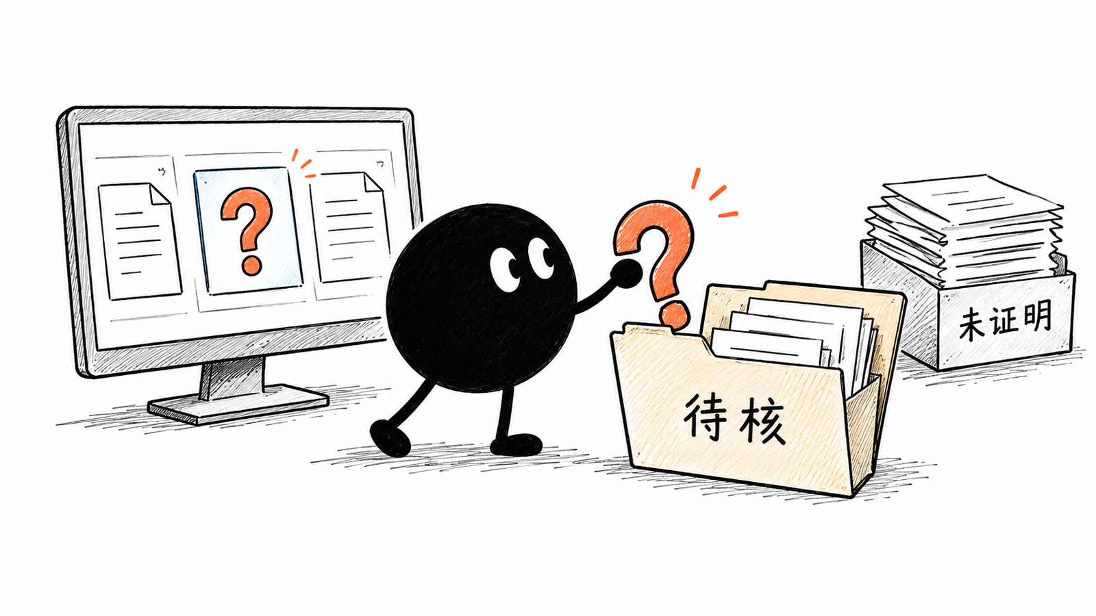 小黑将一个问号从播放屏幕里捡出来放进打开的待核资料夹