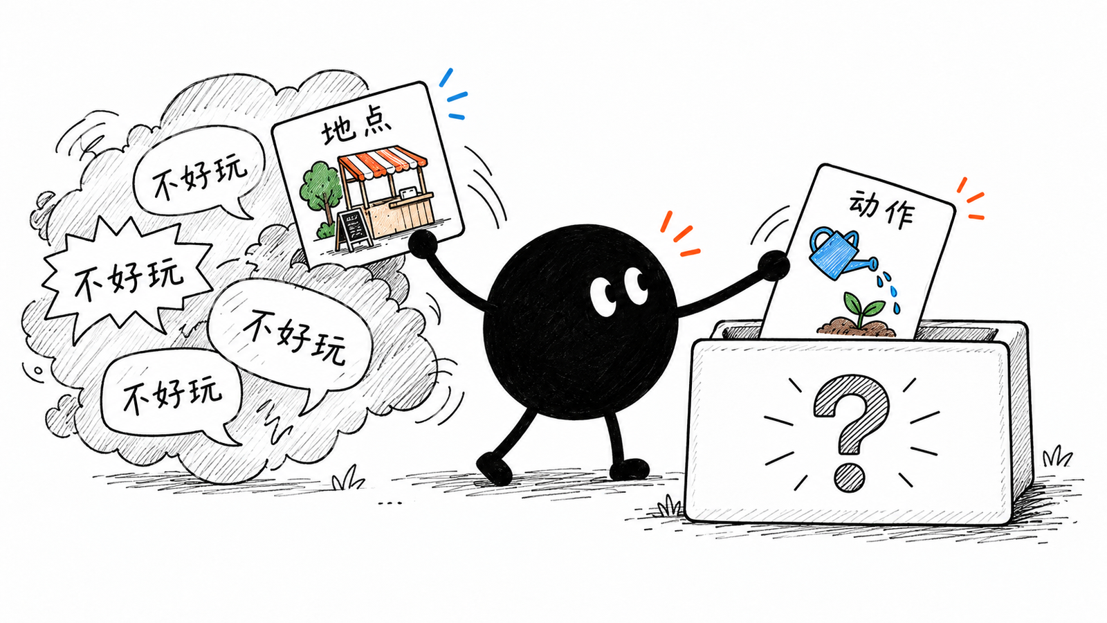 小黑从一团写有不好玩的话语气泡里取出地点和动作两件线索放进问题卡