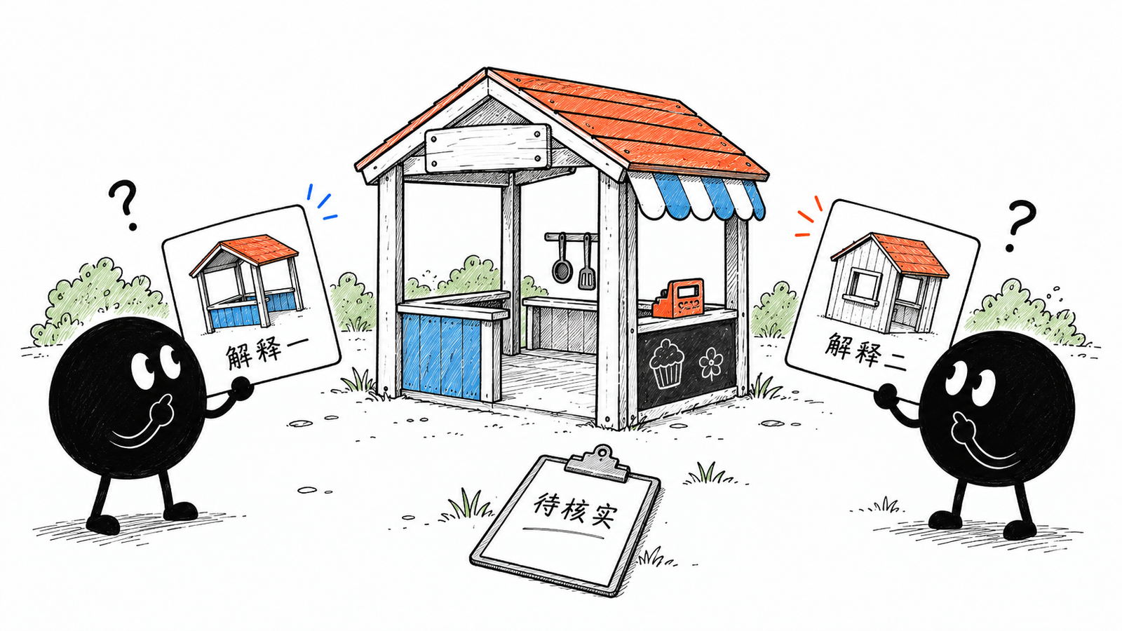 两个小黑拿不同解释卡到同一游戏屋入口现场查看,问号保持未盖章