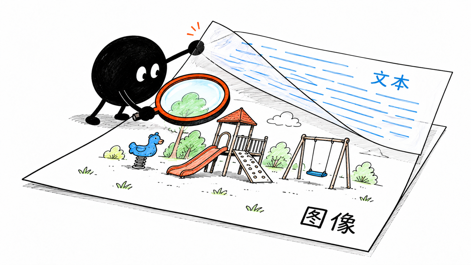 小黑拿一把放大镜在一张只有图片的巨大纸页上寻找字,另一只手掀起一层带蓝色文字短线的透明纸