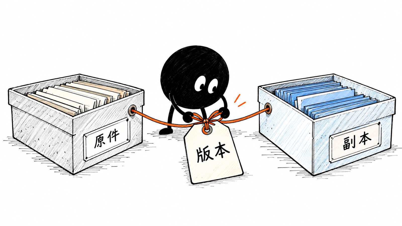小黑用橙色线将原件盒与检索副本盒系到同一枚版本标签上,两个盒子保持分开