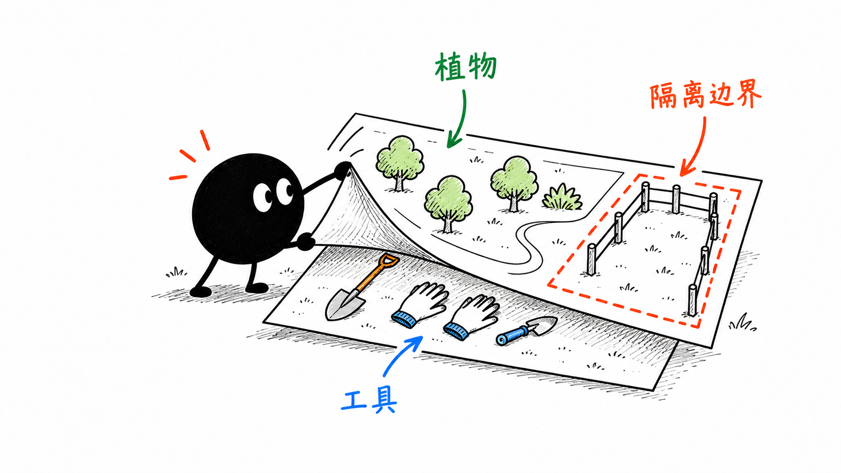 小黑掀开场地图的一层,同时核对植物、工具和隔离边界