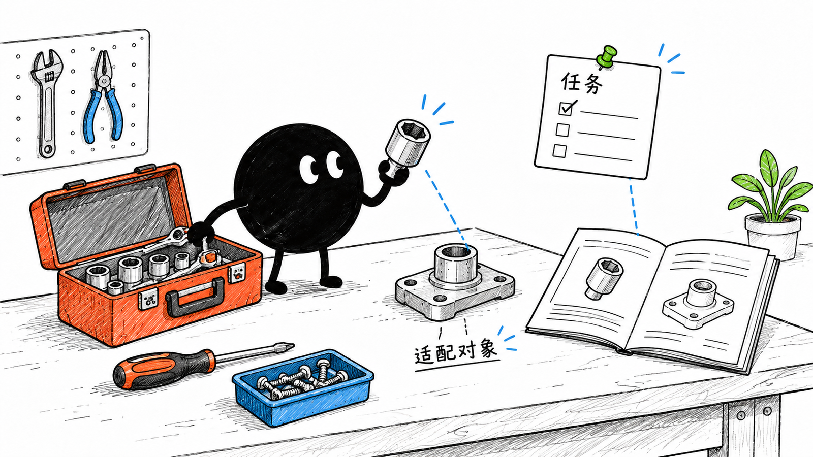 小黑把工具箱的一件工具放进具体维护任务形状的凹槽