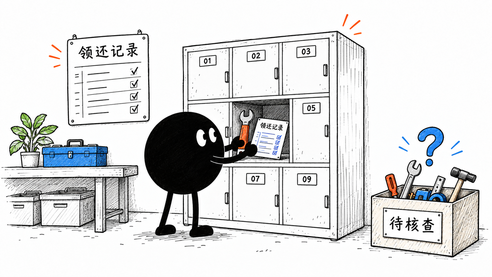 小黑把用完的工具连同记录卡一起送回带编号的柜格