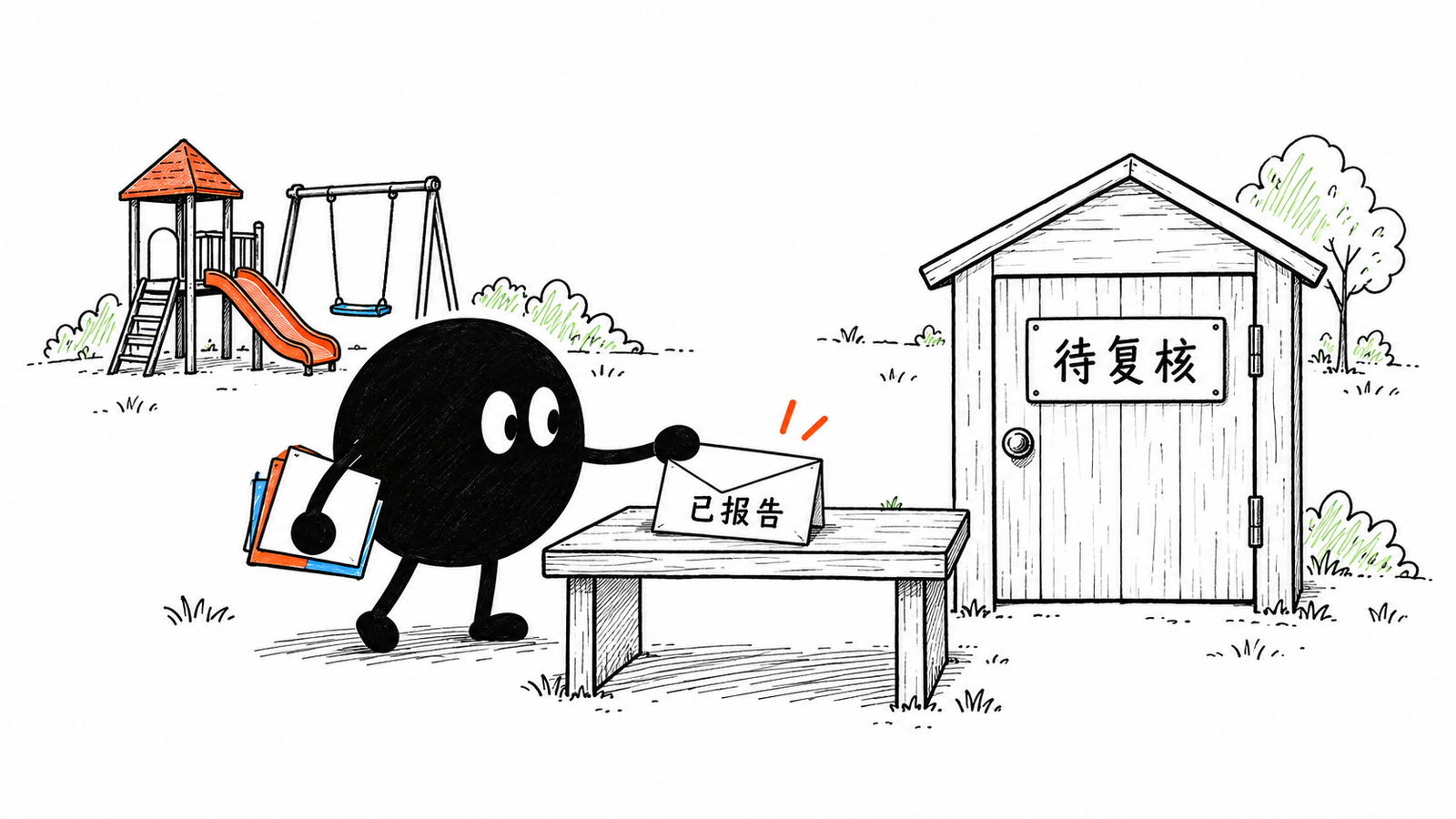 小黑将写着已报告的信封放到桌上,旁边待复核小门保持关闭