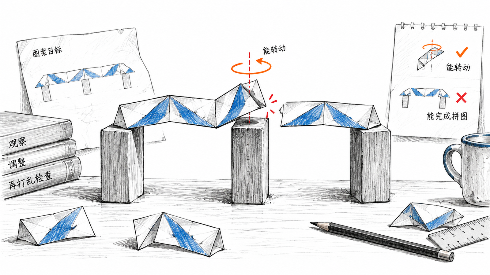一个图案像折叠纸桥跨过三根方柱,转错的中间段让图形桥断开,橙色弧线只围绕其真实轴