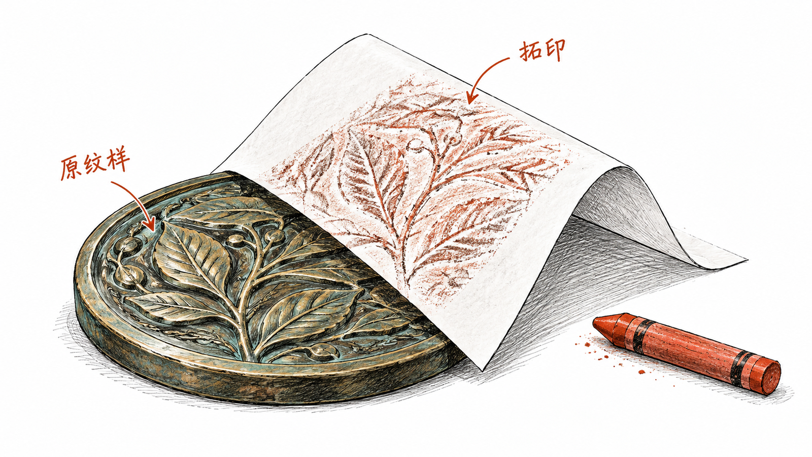 一张半揭纸像帐篷,纸下纹样与纸上拓印逐处对应