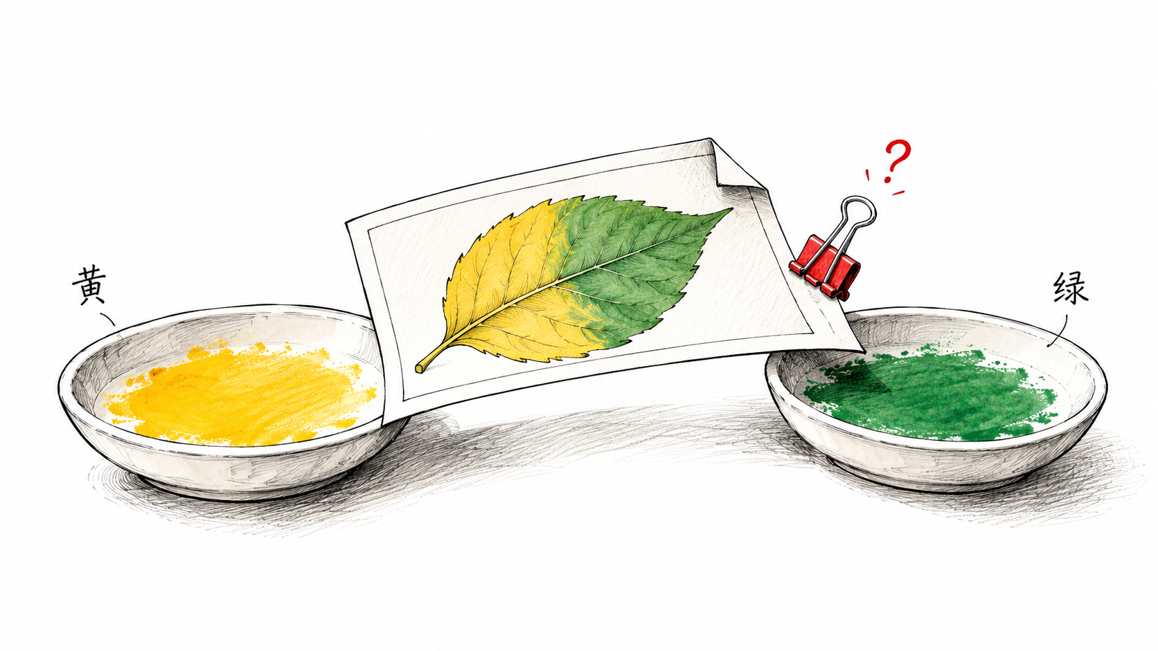 一张黄绿色叶片图片像跨在两只颜料盘之间的小桥,问号小夹保留混色问题,分类依据需要先说明