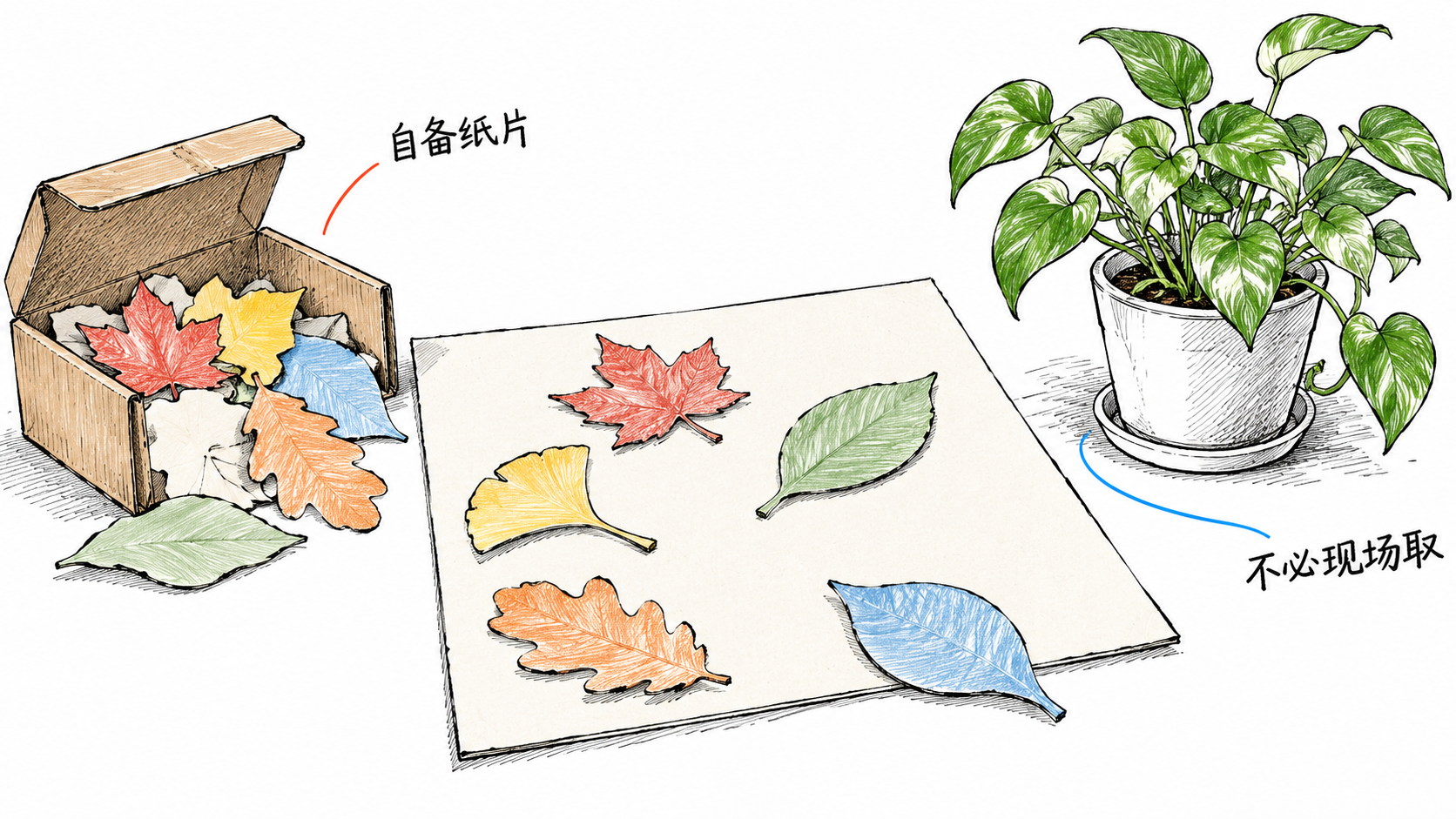 自备纸片从小盒里补到未完成拼画的一处空位,完整植株留在花盆中未采摘