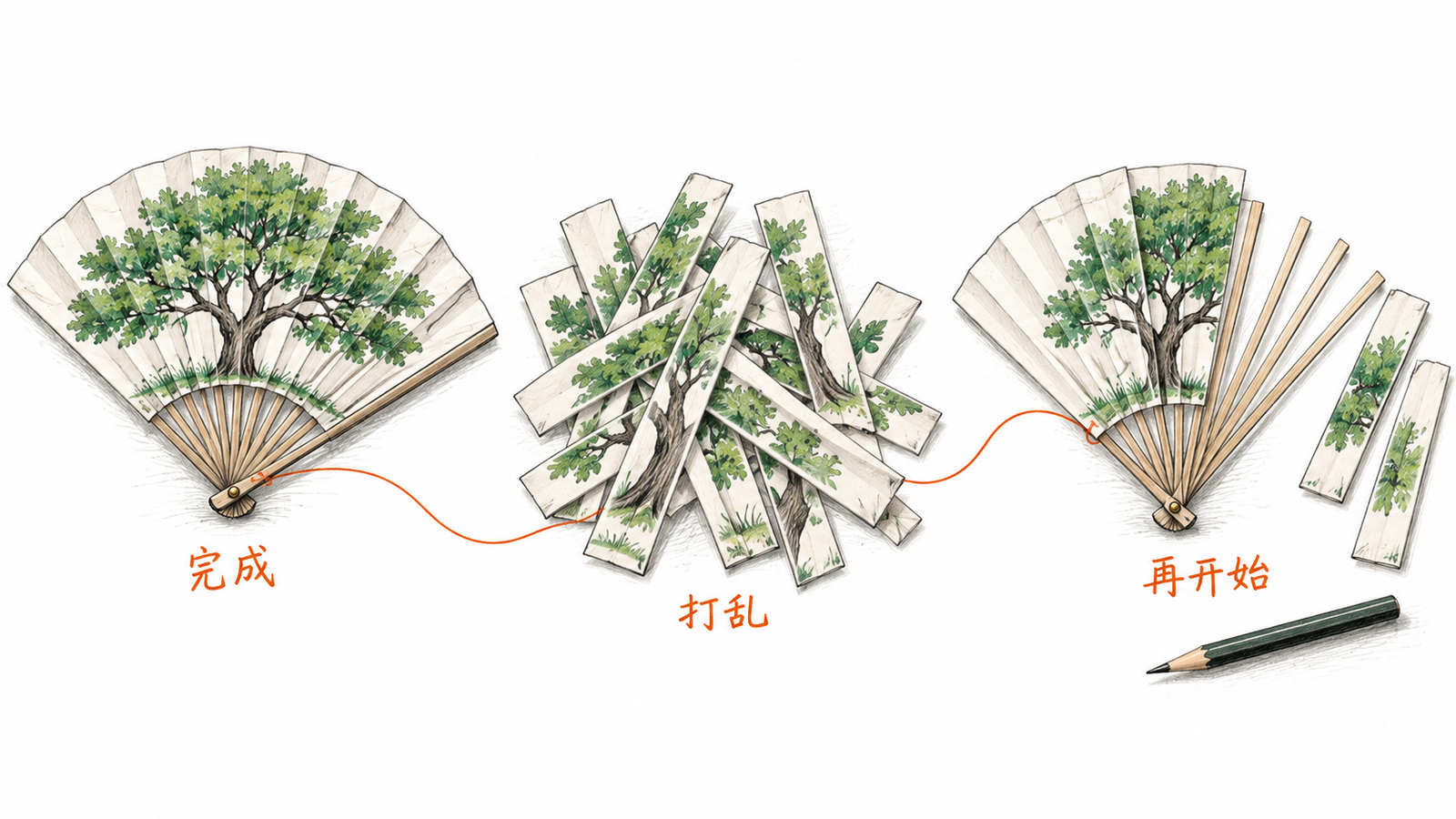 完整树形图案像可拆开的折扇,展开为错位片段又能回到整体,重点保留再打乱的动作关系