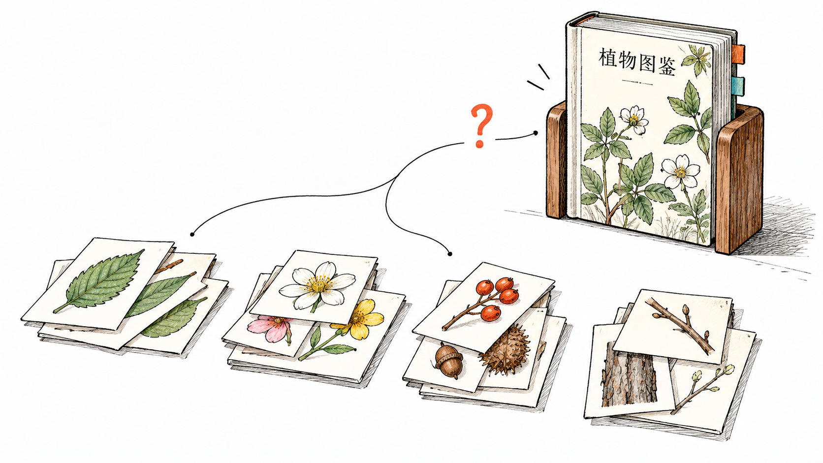 一只植物图鉴停在书挡后,几张按可见轮廓分组的图片在前方桌上,细线到图鉴处留问号,活动分类不冒充物种鉴定