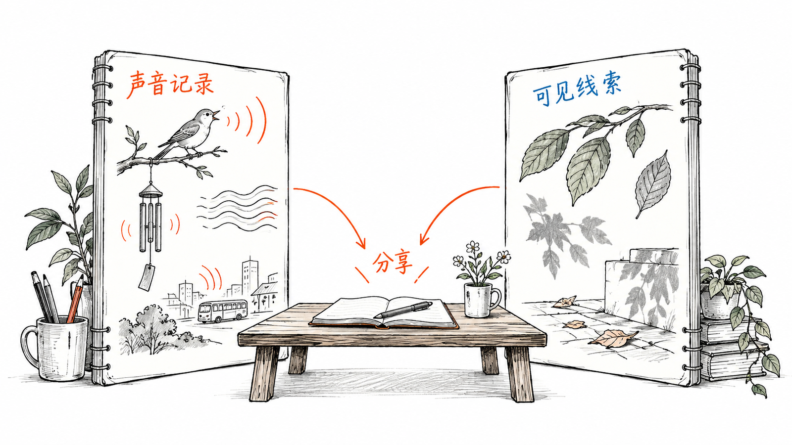 两页记录像展开的双扇门,波纹与叶片各自通向共同交流桌