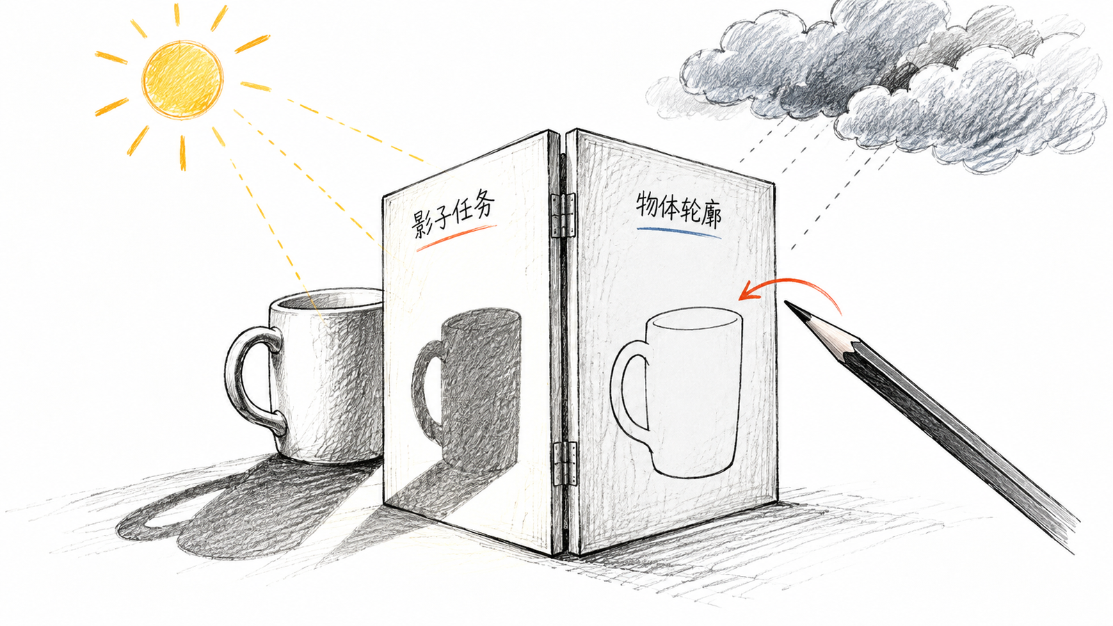 晴天影子任务页像半开的折门,另一扇门是物体轮廓页,云层遮住光线时铅笔转向轮廓页,任务名称仍分开