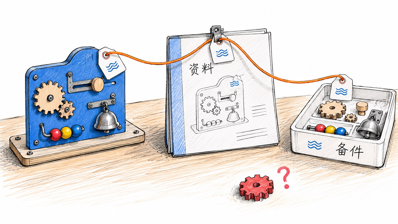 一套面板模型连着图纸夹和备件盒,三者用同一种小图标相互对应,表示最终组合要同步资料