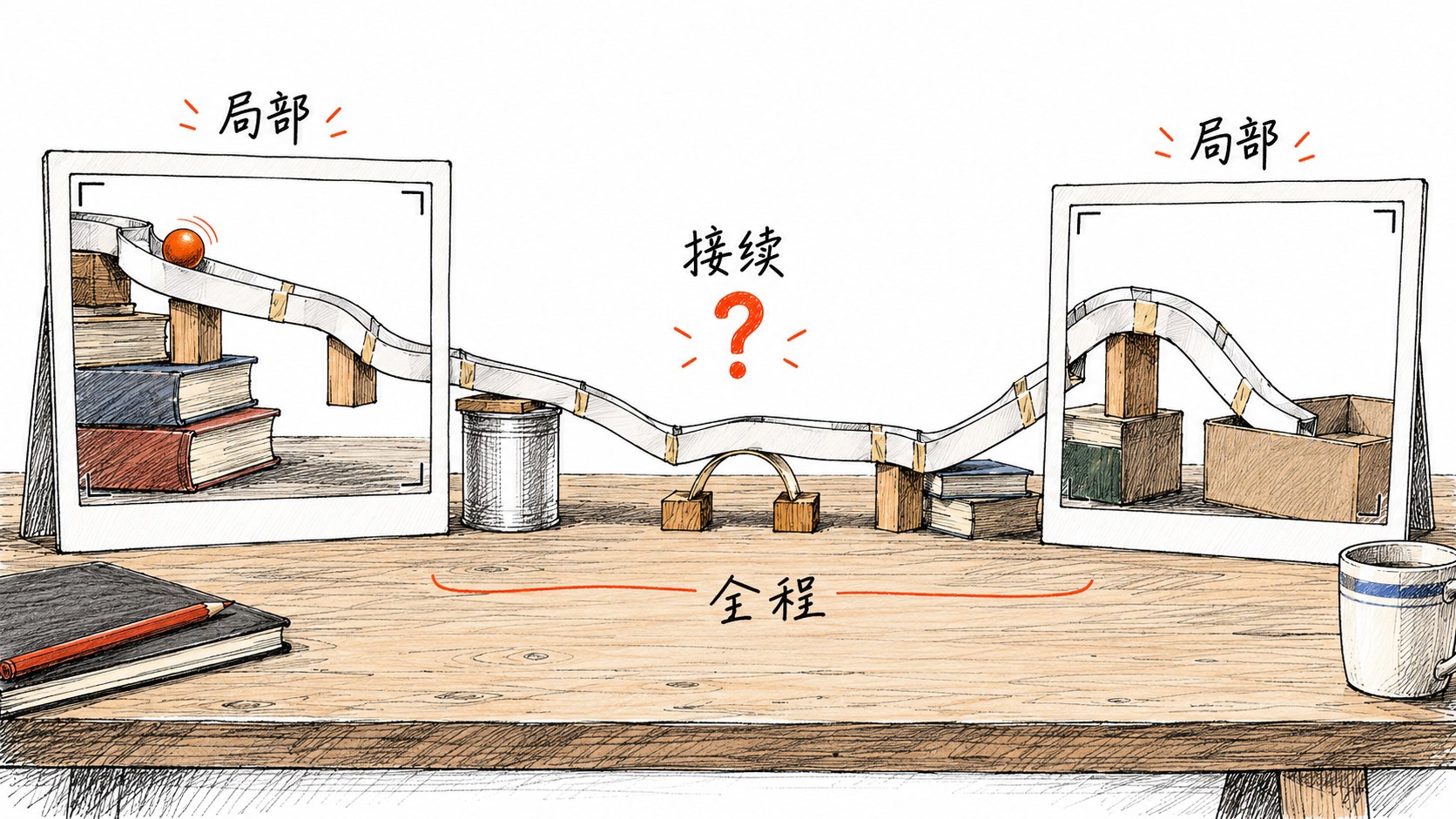 一条手绘纸轨道从被分开的照片框之间经过,接续处完整可见而照片中间留空,说明局部展示不等于全程