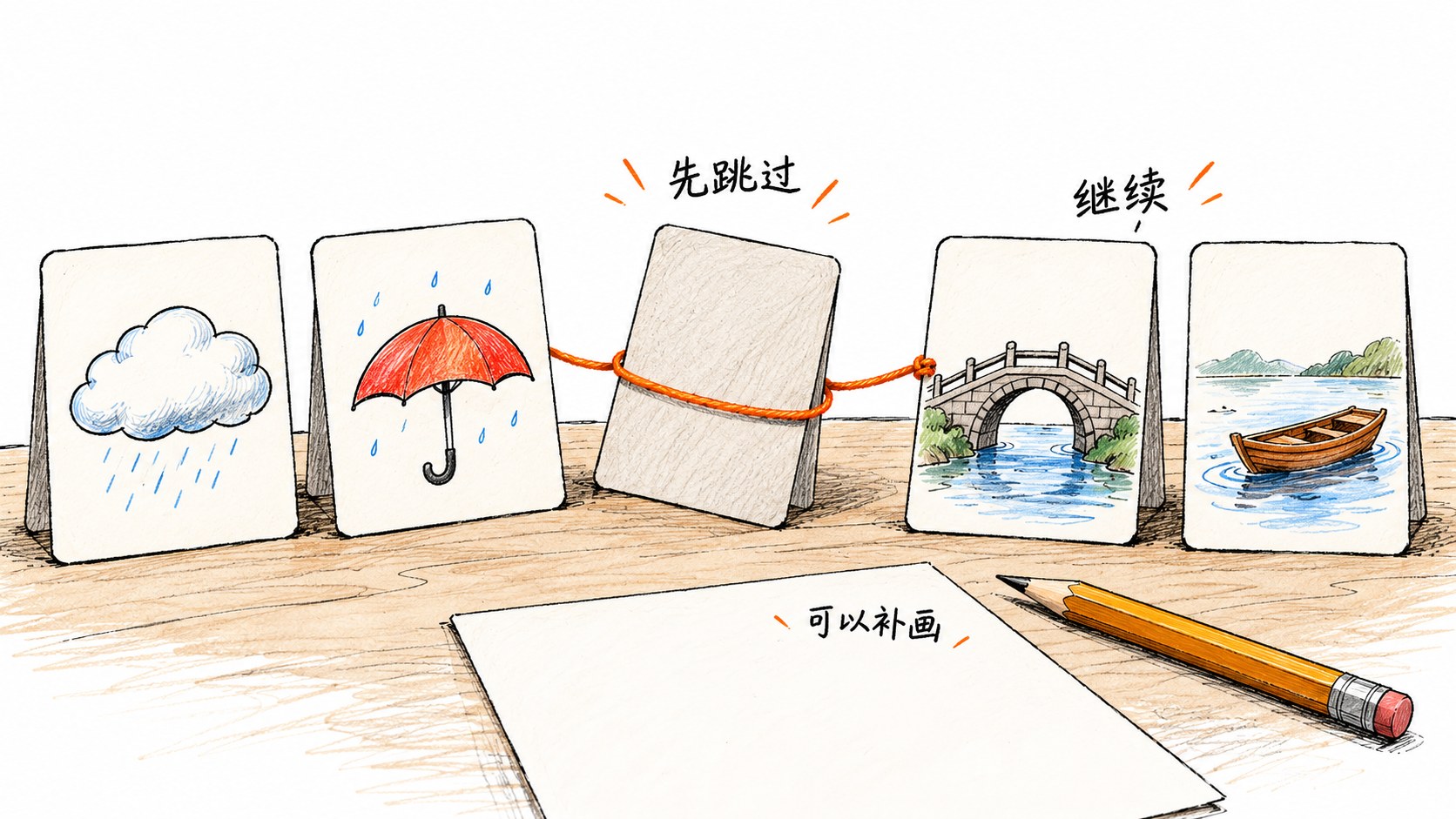 一排物件卡中间留出一张翻面的空白卡,后面卡片仍用松线相连,旁边短注先跳过,表达继续参与的选择