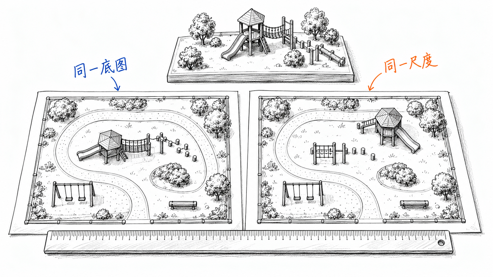 同一场地轮廓承接两份设备布置,设备大小由同一把比例尺核对