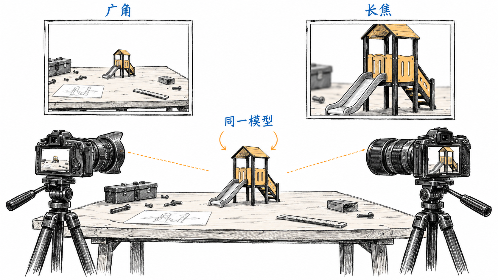 相同设备模型与两只不同焦距相机对应,照片大小变化而模型未变