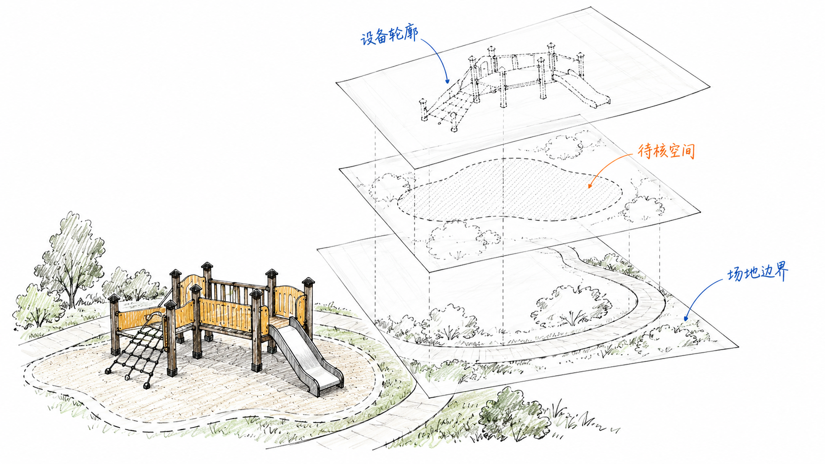 设备轮廓、需要核实的使用空间与场地边界分层叠放,不能只看外形