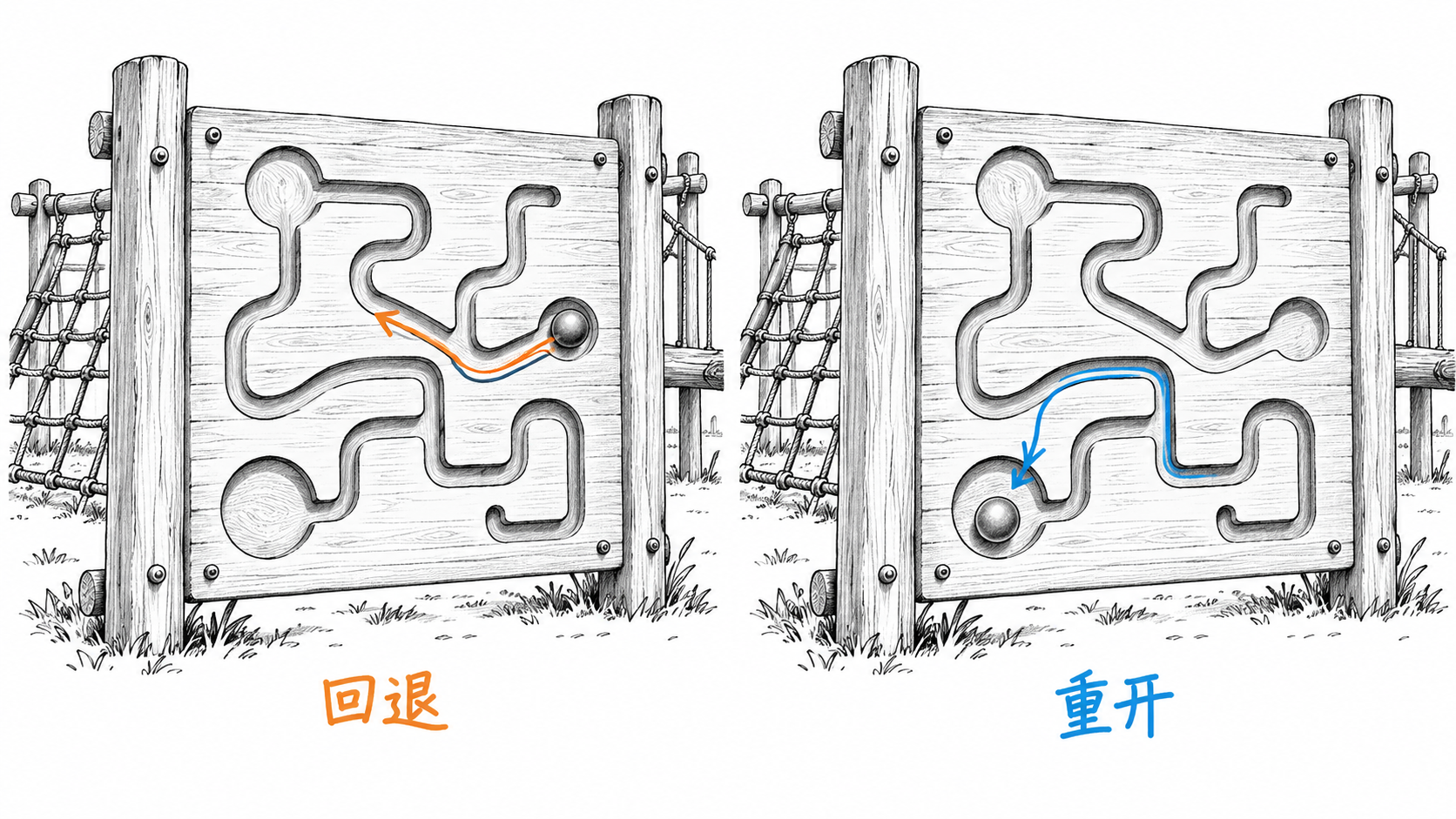 迷宫中的活动滑块沿原路回到分叉口,旁边另一块板的滑块回到起点,回退与重开不同