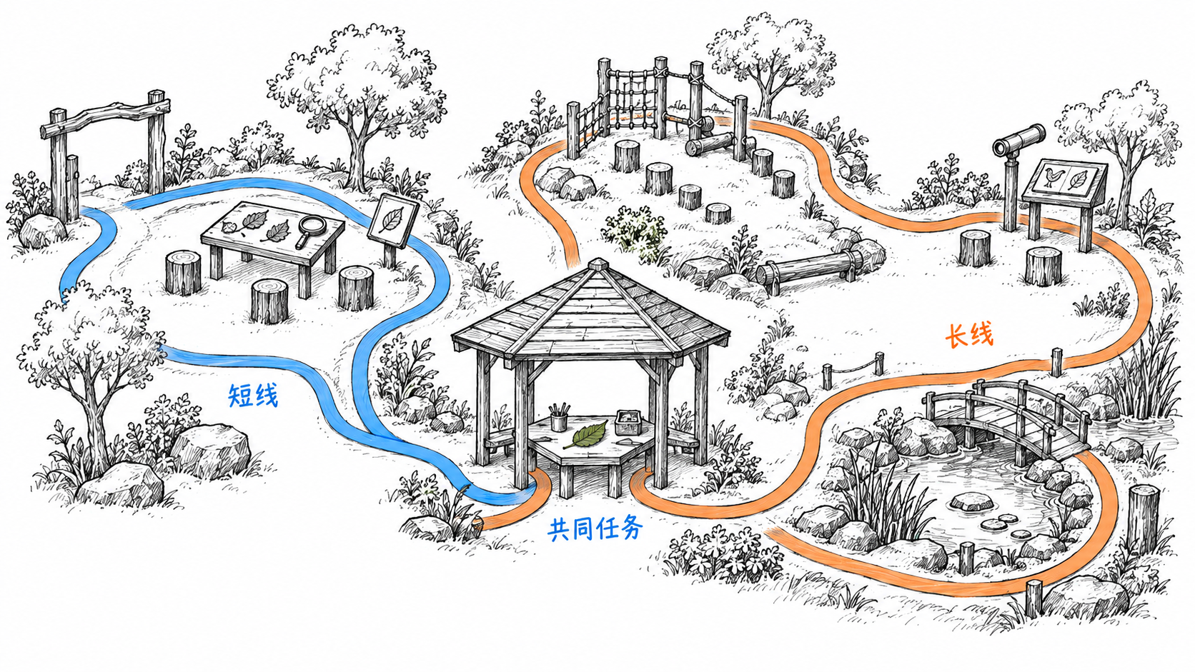 两根长短不同的活动路线丝带围绕同一枚树叶观察任务,最终回到同一张活动桌