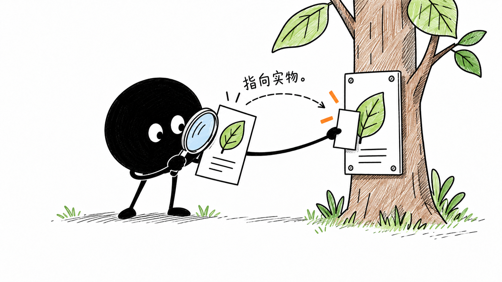 小黑用放大镜将手稿与现场图示对象逐一对应,短注“指向实物”