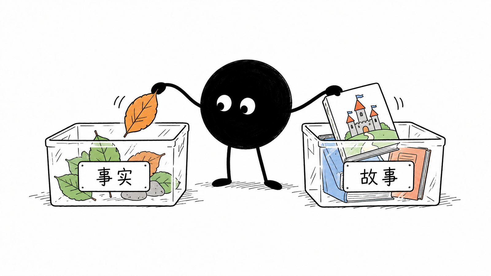 小黑将树叶放入标有“事实”的透明盒,将小城堡故事书放入标有“故事”的另一个盒子